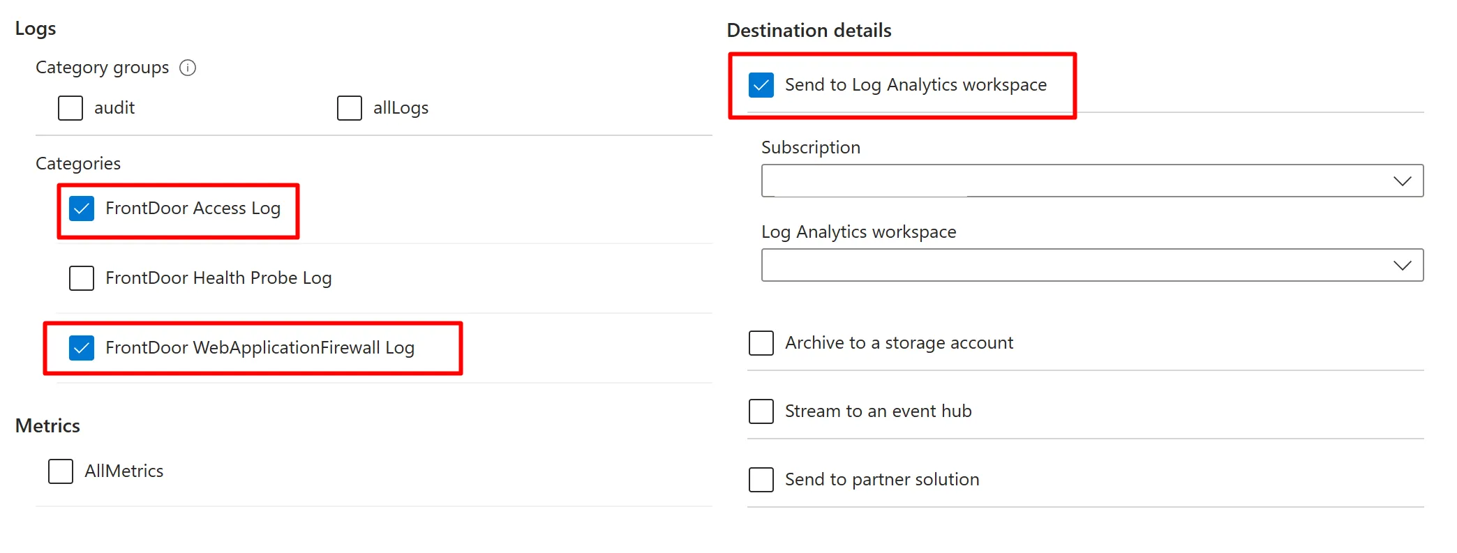 Send Front Door Logs to Log Analytics workspace